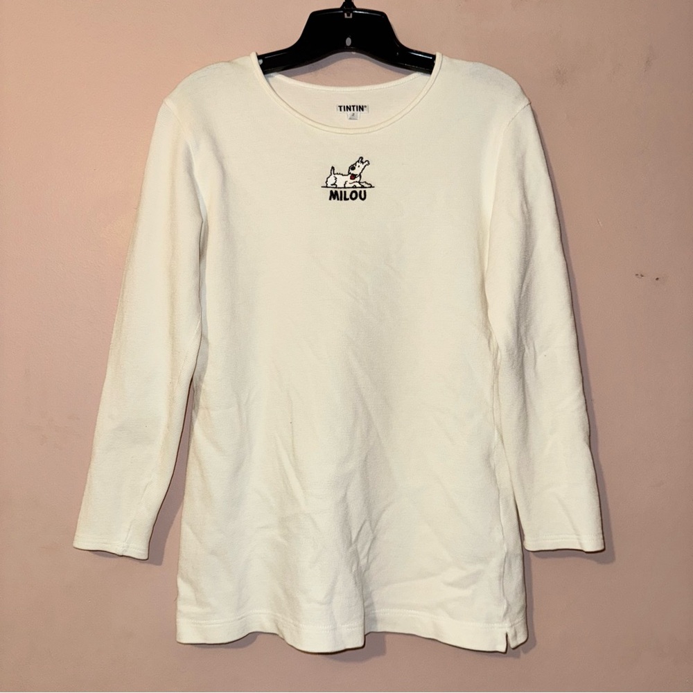 Vintage TINTIN Milou Dog Cartoon Embroidered White Long Sleeve T Shirt Size 2